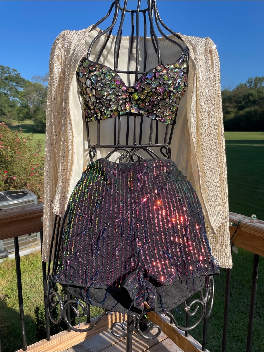 3 Pc Sequin Rhinestone Costume XS/S Jeweled Bra Shorts Jacket Cabaret Glam